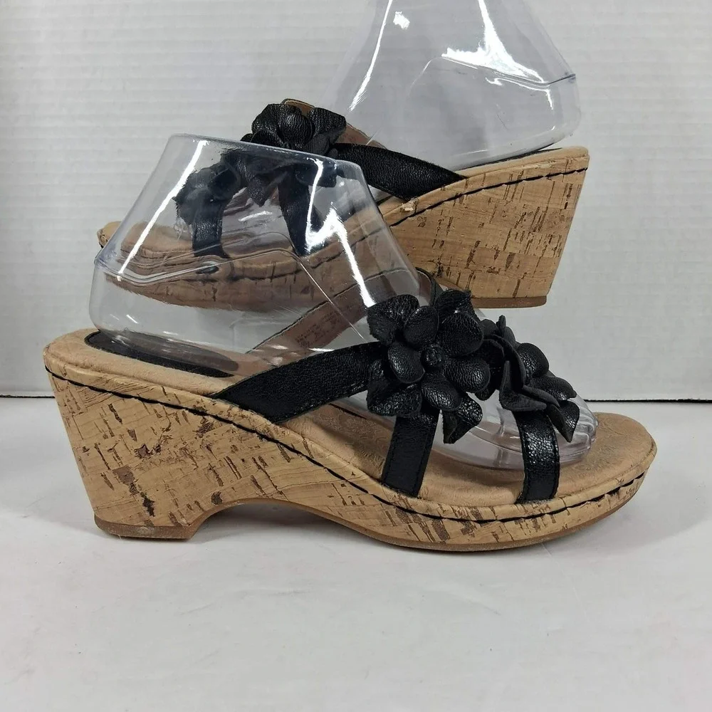 Covington Primrose Black Leather Floral Cork Wedge Sandals Womens‎ 8.5M
